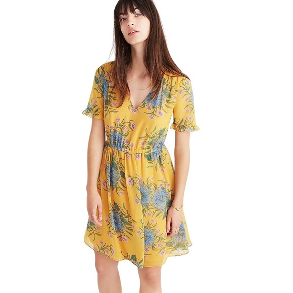 Madewell Sweetgrass Ruffle Sleeve Painted Blooms Yellow Floral Dress - Picture 1 of 8